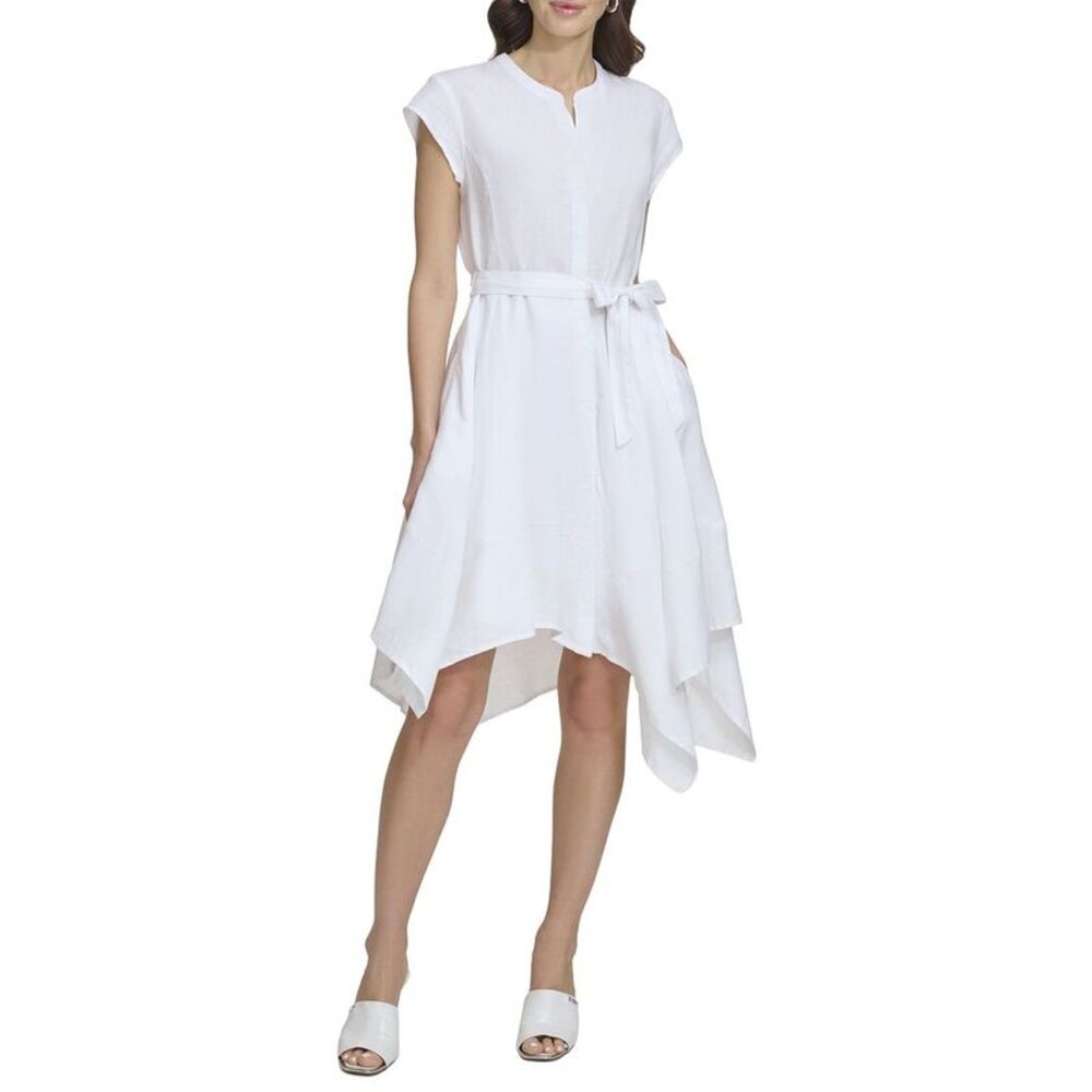 Dkny Womens  Cap Sleeve Linen Top, White